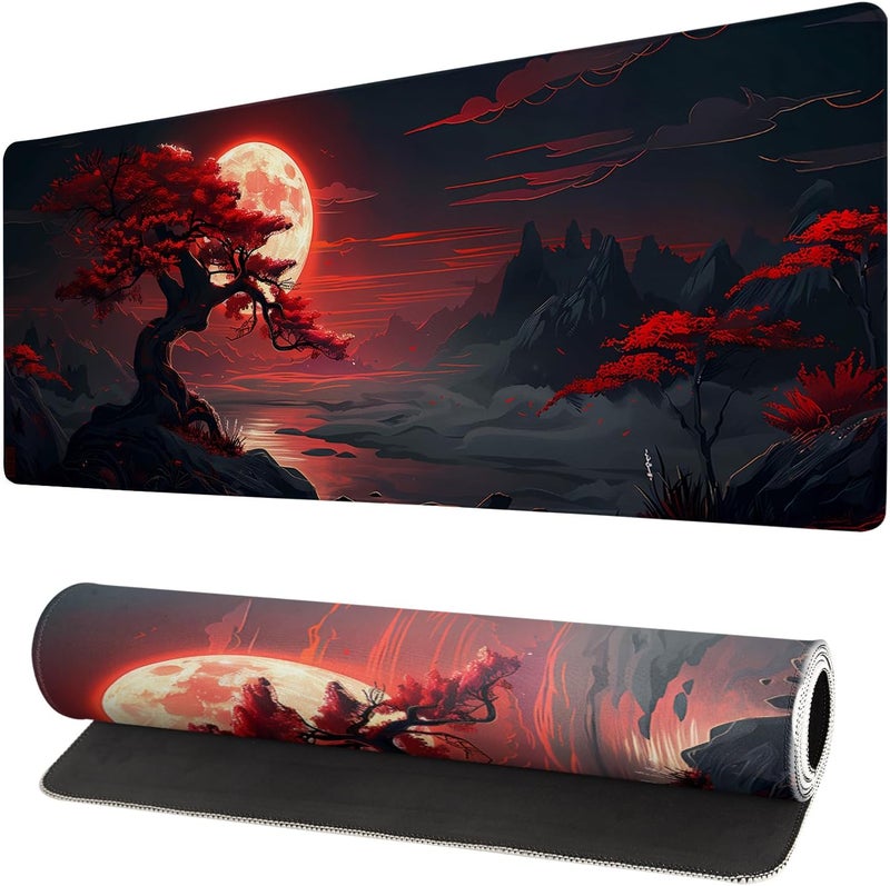 Brecoy Extended Gaming Mouse Pad, Large Desk Mat XL Anime Mouse Pad Waterproof with Stitched Edges, Non-Slip Desktop Pad for Home and Office, Level Up Your 31.5x11.8 Inch (Darkness Red Moon) - Image 1